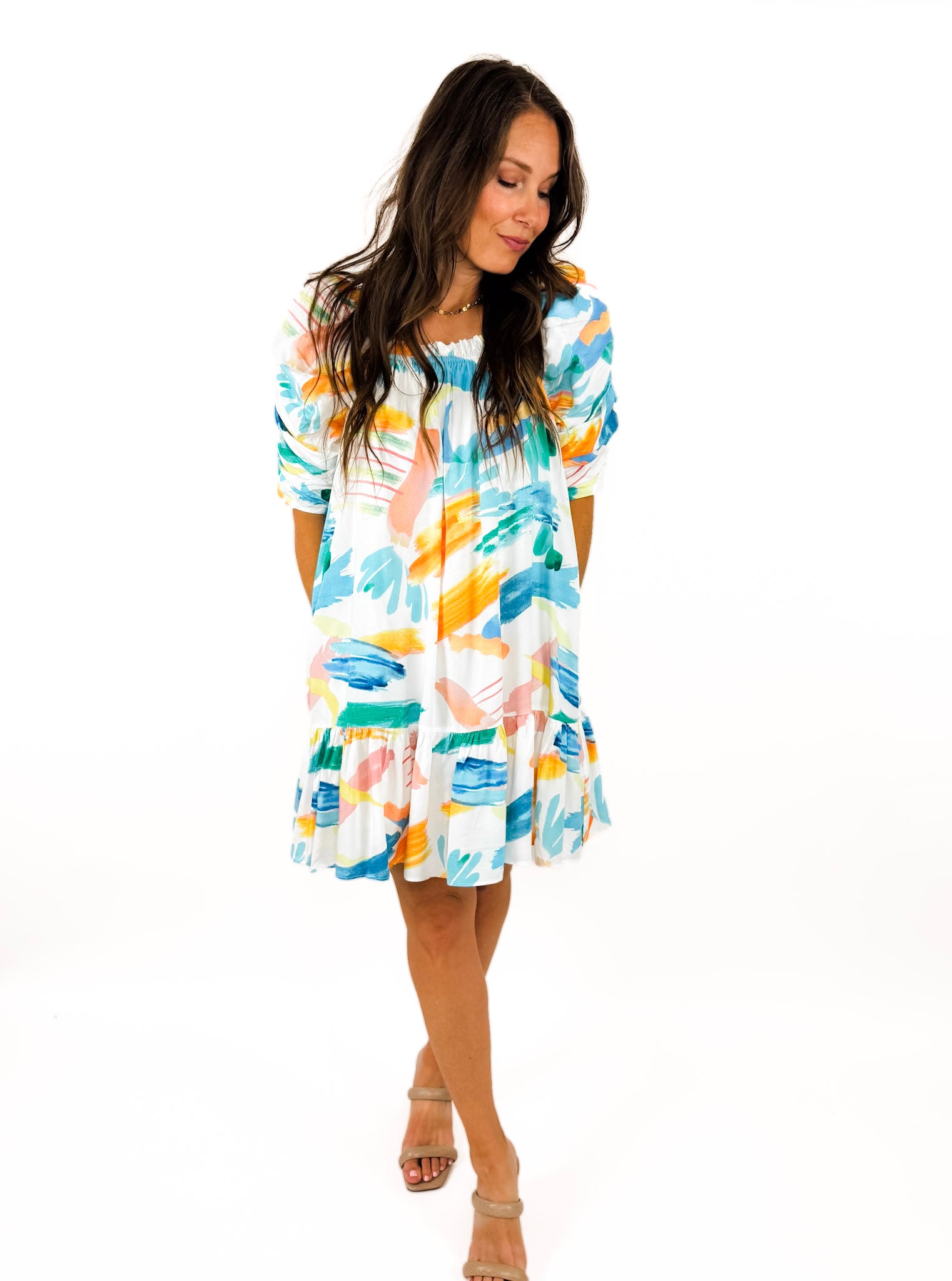 watercolor dress Boho Ruffle Maxi | Multicolor Layered Vacation Gown | Artistic Flowy Summer Dress | Bohemian Beach Party Look trendy looks with Slow Fashion principles. Blue Watercolor Print Rayon Maxi