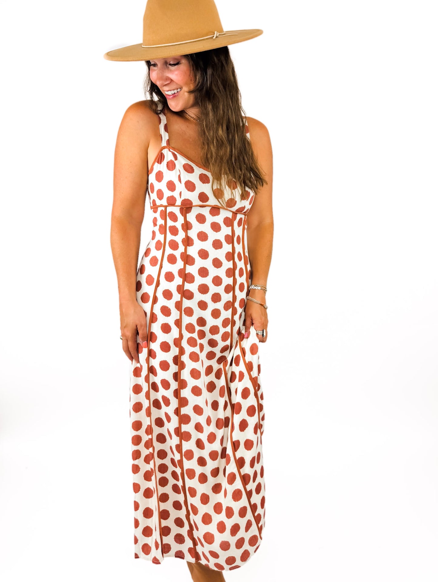 polka dot orange dress Copper Ruffle Maxi - All Dresses This polka dot button Dottie Midi Dress Flower