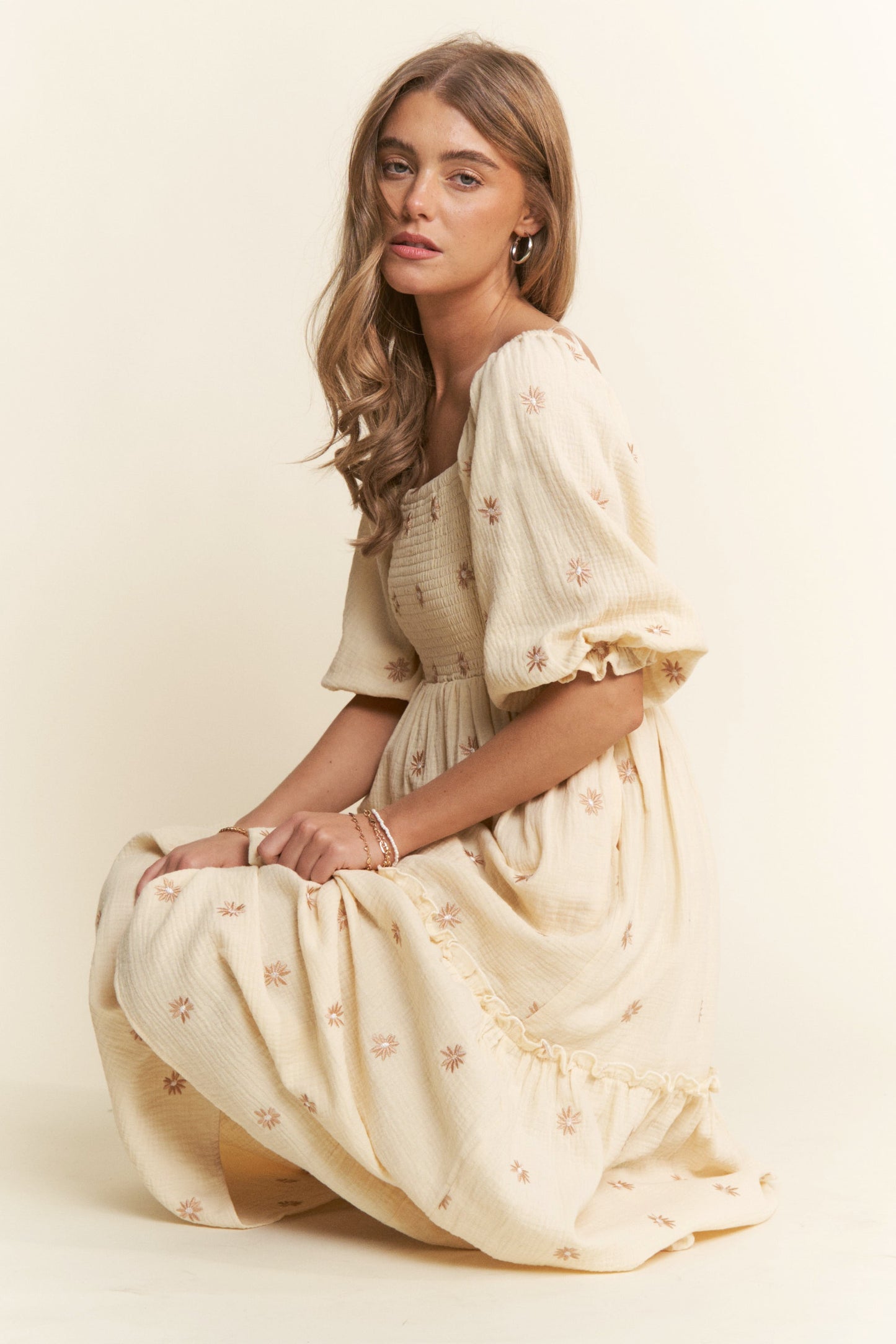 beige dress with flowers Romantic long flower dress for women/boho White dress/floral maxi dress/wedding dress/bridesmaid / cotton dress/frills/beige/cream