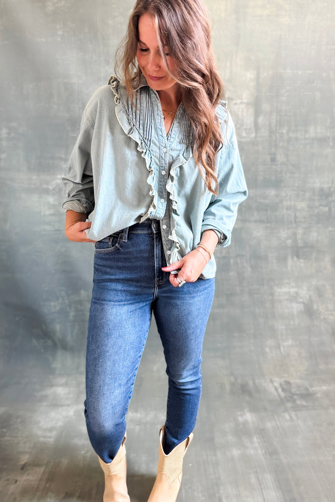 
                  
                    Ruffled Chambray Blouse
                  
                