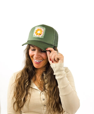 
                  
                    Granny Square Trucker Hat (Olive)
                  
                