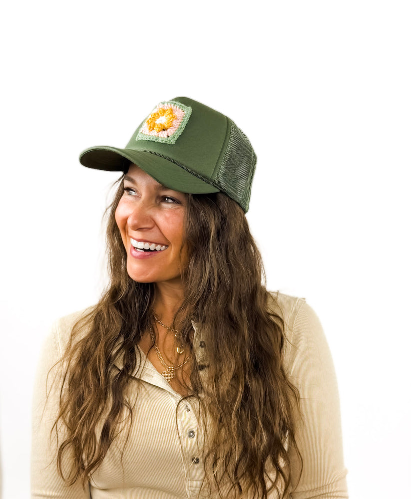 
                  
                    Granny Square Trucker Hat (Olive)
                  
                