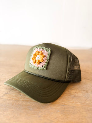
                  
                    Granny Square Trucker Hat (Olive)
                  
                