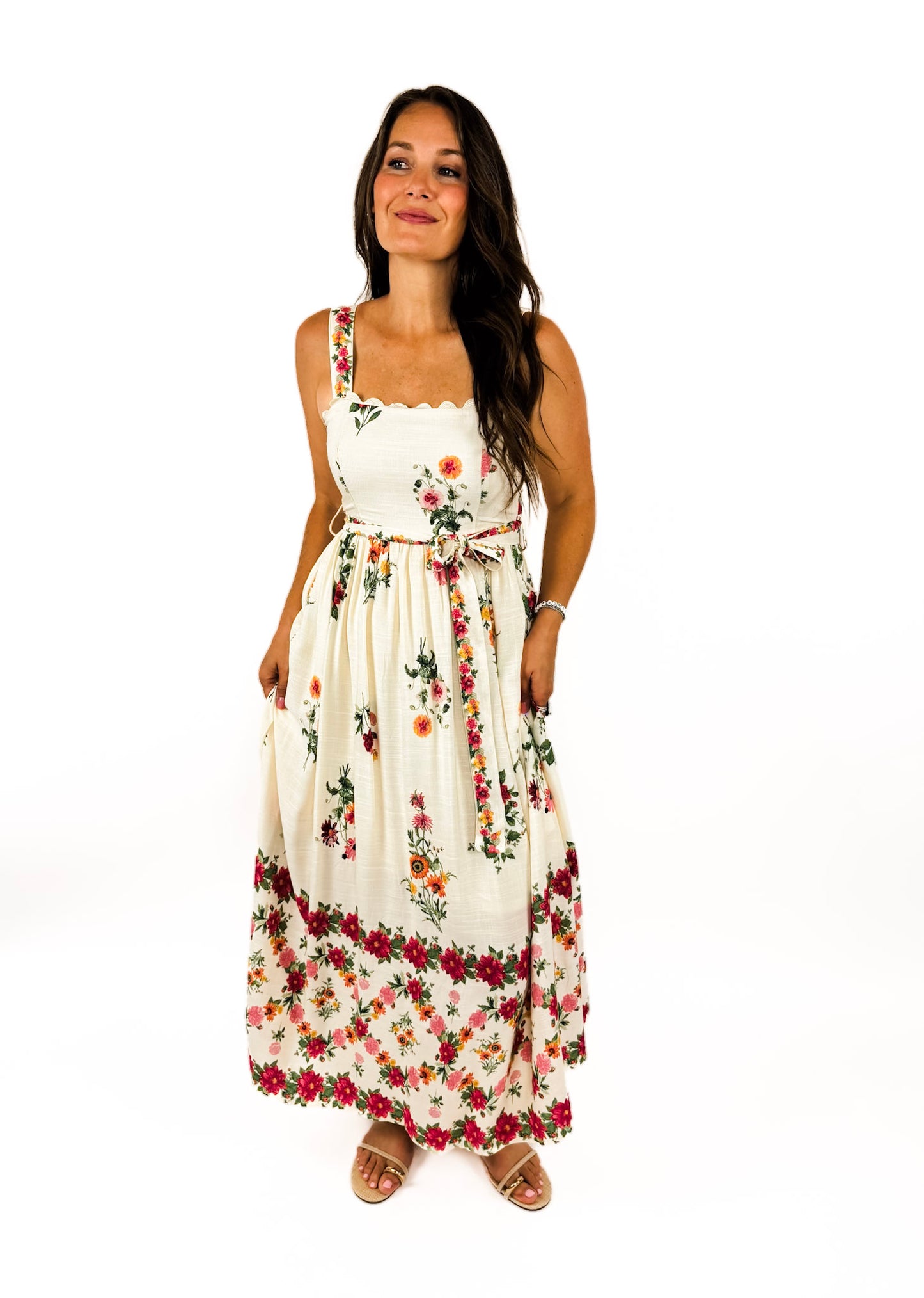 summer garden maxi dress Women's Floral Maxi Dress Square Neck Bow Shoulder Strap Sleeveless Dresses Elastic Waist Tiered Ruffle Hem Flowy Long Sundress Summer Garden Beach Vacation Dress