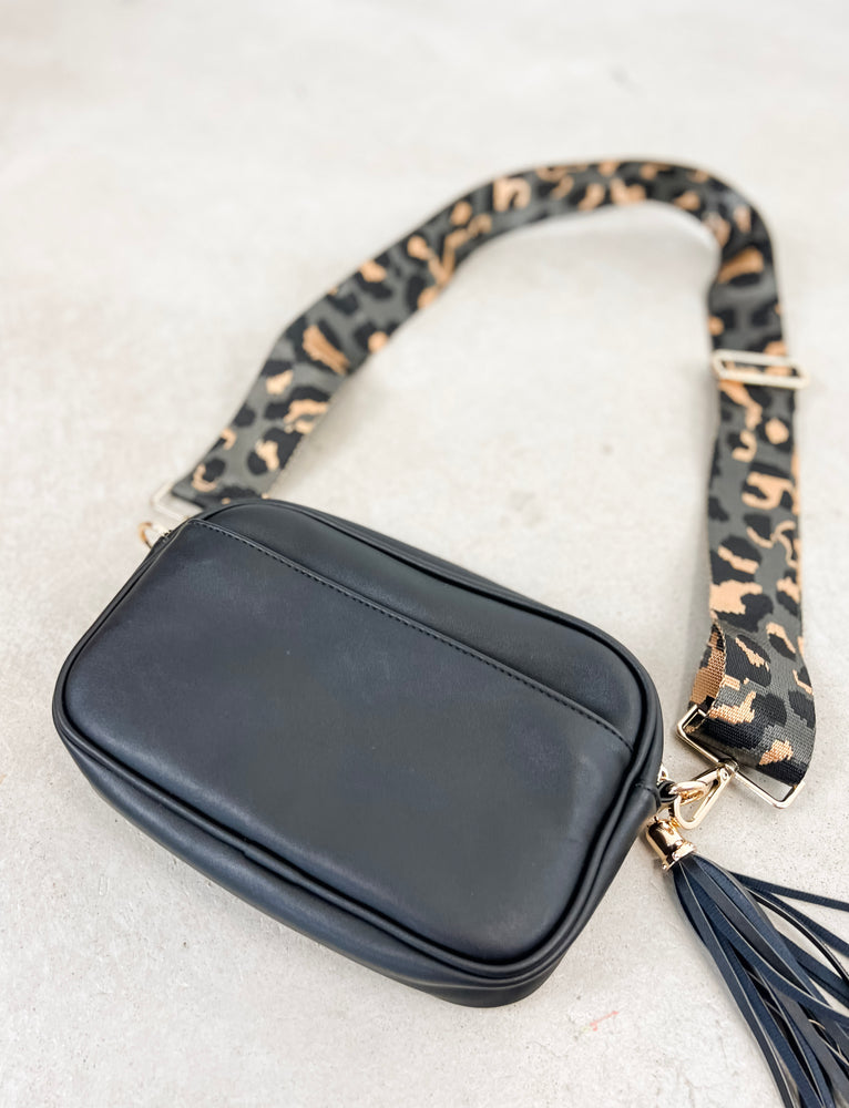 Fashion Ladies Tassel Small Cross body Shoulder Bag with Wide Leopard Strap